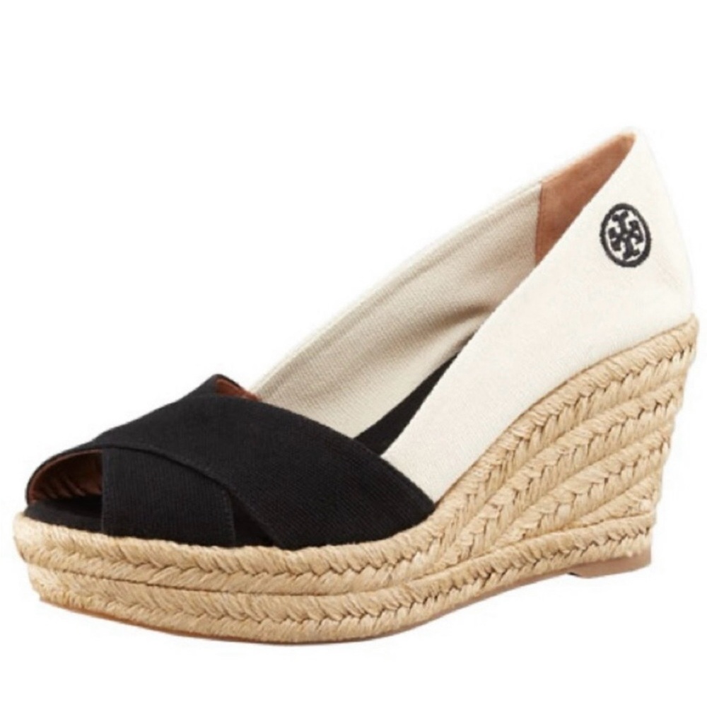 Tory Burch Black and Cream Espadrille Wedge Peep-Toe